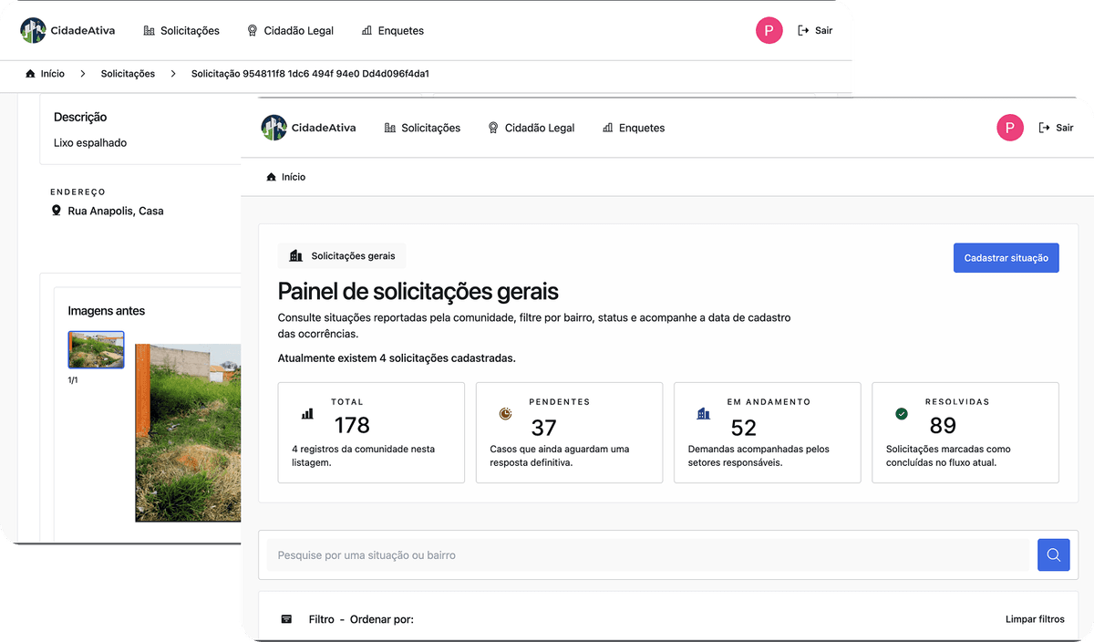 Tela da plataforma CidadeAtiva mostrando uma solicitação e o ranking Cidadão Legal